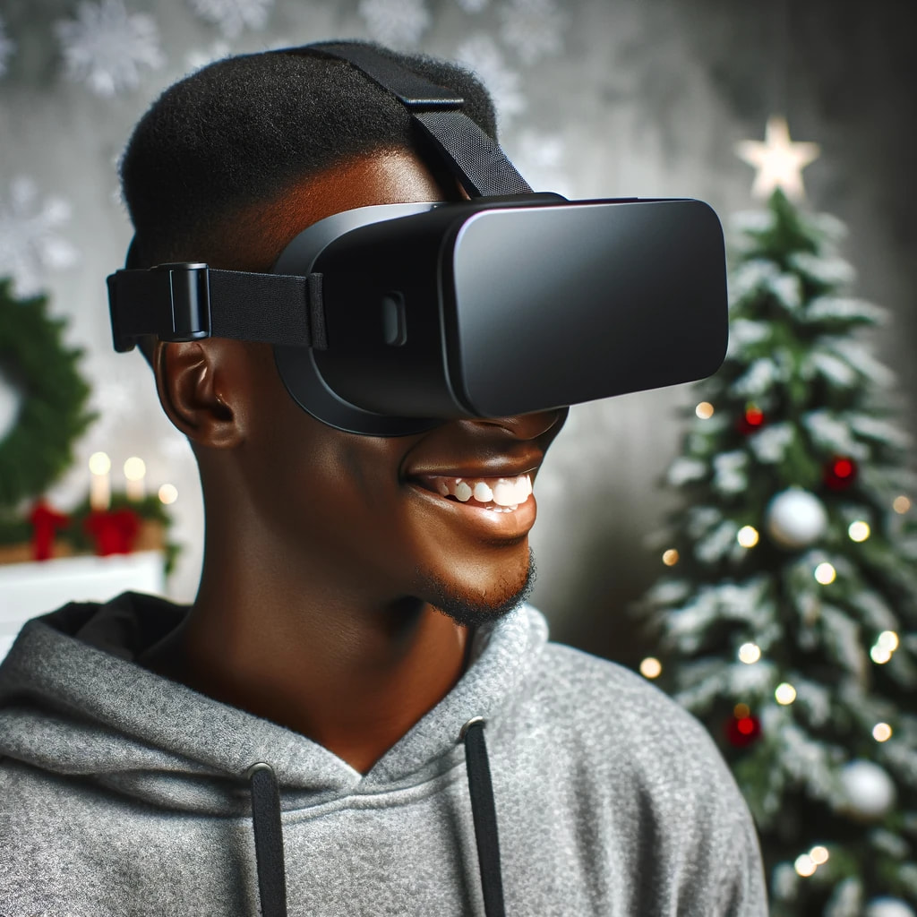 Bild einer fröhlichen Person mit schwarzer Hautfarbe, die eine schwarze Virtual-Reality-Brille trägt und nach rechts schaut. Sie befindet sich in einer weihnachtlichen Umgebung mit einem minimalistischen Hintergrund, der dezente Weihnachtselemente wie ein paar Lichter und einen kleinen Weihnachtsbaum zeigt. Der Ausdruck der Person ist hell und dynamisch und zeigt ihr Engagement und ihre Freude am virtuellen Erlebnis. Die Atmosphäre ist fröhlich und einfach gehalten und konzentriert sich auf die Interaktion der Person mit der VR-Welt während der Feiertage.